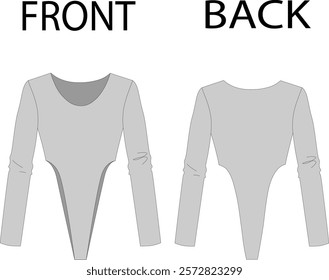 Long Sleeve Crew Neck Bodysuit Vector Mockup, Long Sleeve Bodysuit Fashion Illustration, Crew Neck Bodysuit Vector Mockup, CAD Mockup, Technical Drawing.