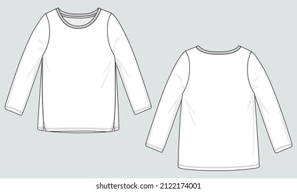Long Sleeve Crew Neck Technical Fashion Flat Sketch Template Front And Back View.  Modern Stylish Dress Design Mock Up Cad For Ladies.