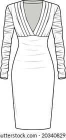 Long Sleeve Deep V Neck Bodycon Dress Flat Sketch Vector Illustration