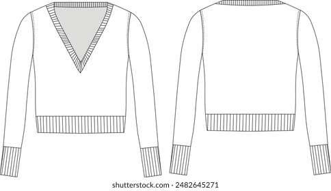 long sleeve deep v-neck, ribbed, sweater, pullover, jumper, knitwear, technical, drawing, flat, sketch, fashion, template, woman