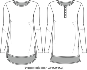 Long Sleeve Dipped Hem Long T Shirt Top, Back Long Tunic Top, Short Kurta Fashion Illustration, Vector, CAD, Technical Drawing, Flat Drawing, Template, Mockup.