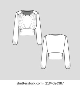 Long Sleeve drape top crew neck waist panel hem  fashion flat sketch template technical drawing
