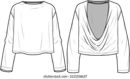 Long Sleeve Draped Back Top Front and Back View. Fashion Illustration, Vector, CAD, Technical Drawing, Flat Drawing, Template, Mockup.	