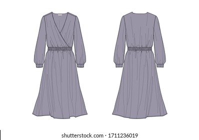 Long sleeve dress with crossed front and elastic waist and cuffs, flat sketch, front and back views