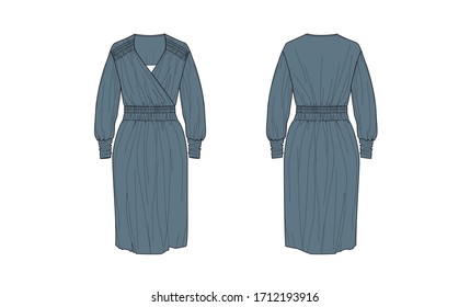 Long sleeve dress design with ruching cuff, shoulder and waist, crossed front, flat sketch, front and back views