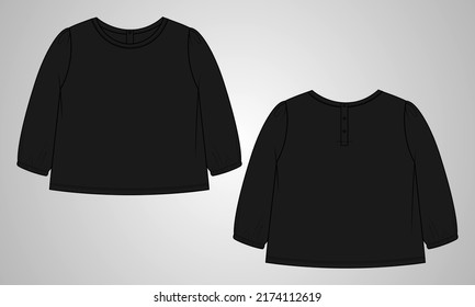 Long sleeve dress design technical fashion sketch vector illustration black color template front and Back view. Clothing design templates for baby girls kids.
