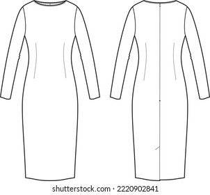 Long sleeve dress flat sketch. Classic gown apparel design. Front and back. Women CAD mockup. Fashion technical drawing template. Vector illustration.