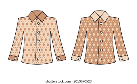 Long sleeve dress shirt with brown luxury brand style pattern isolated cartoon vector set,  fashion and haute couture.