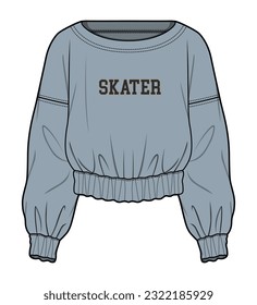 Long Sleeve Drop Shoulder Elasticated Waist Crop Track Top, Track Crop Top Fashion Flat Sketch Vector Illustration, CAD, Technical Drawing, Flat Drawing, Template, Mockup.
