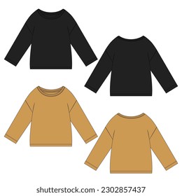 Long sleeve drop shoulder t shirt for womens. technical drawing fashion flat sketch vector illustration black and yellow color template front and back views isolated on white background.