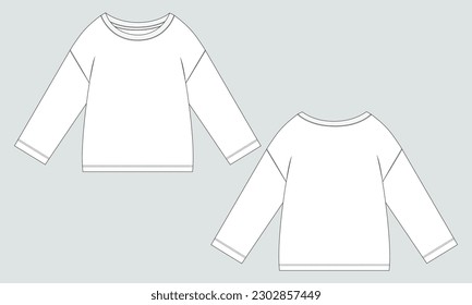 Long sleeve drop shoulder t shirt for womens. technical drawing fashion flat sketch vector illustration template front and back views