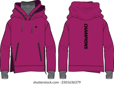 Long sleeve fleece Hoodie jacket design flat sketch Illustration, Hooded sweater jacket with front and back view, winter jacket for Men and women. for hiker, outerwear and workout in winter