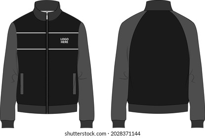 Long sleeve Fleece jacket with zipper technical fashion sketch vector template front and back view. Sweat Jacket mockup for men's. Apparel design illustration CAD.