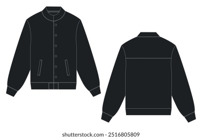 Langarm Fleece Jacke mit Reißverschluss technische Mode Skizze Vektor Vorlage Vorder-und Rückansicht. Sweat Jacket mock up für Männer. CAD für Bekleidungsdesign. Vektorgrafik des Jacketdesigns.
