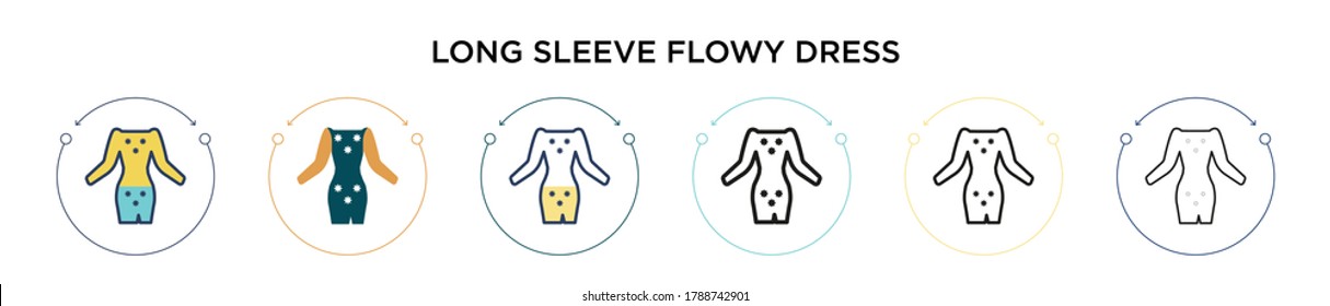 Long sleeve flowy dress icon in filled, thin line, outline and stroke style. Vector illustration of two colored and black long sleeve flowy dress vector icons designs can be used for mobile, ui, web