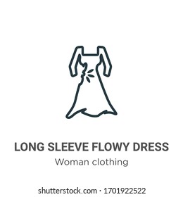 Long sleeve flowy dress outline vector icon. Thin line black long sleeve flowy dress icon, flat vector simple element illustration from editable woman clothing concept isolated stroke on white 