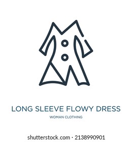 long sleeve flowy dress thin line icon. makeup, bottle linear icons from woman clothing concept isolated outline sign. Vector illustration symbol element for web design and apps.