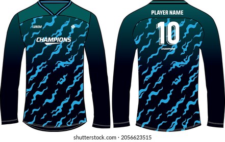 Long sleeve football jersey t shirt, Abstract Pattern Sports jersey design concept vector template, cricket jersey concept with front and back view for Motocross, Volleyball, Rugby uniform designs