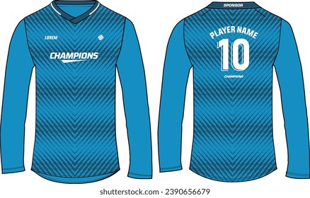 Long sleeve football jersey t shirt, Sports jersey design flat sketch illustration, cricket jersey concept with front and back view for football, Volleyball, Rugby uniform designs
