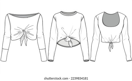 Long Sleeve Front Knot T-Shirt Top  Fashion Illustration, Vector, CAD, Technical Drawing, Flat Drawing, Template, Mockup	
