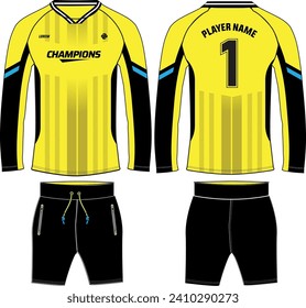 Camiseta del portero de manga larga con pantalones cortos , Diseño de la camiseta deportiva ilustración de sketch plano, patrón abstracto Concepto de la camiseta de fútbol con visión frontal y posterior , Diseños del kit uniforme del portero de fútbol