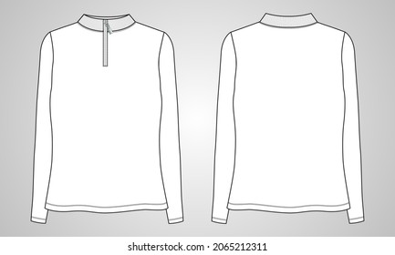 Larga manga con medio látigo, cuello alto, sudadera para las mujeres. Dibujo plano de moda técnico de la plantilla de ilustración del vector de ropa Vistas frontal y posterior. La música de Women's Unisex CAD.