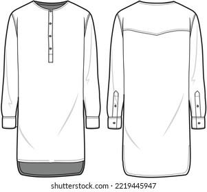 Long Sleeve Henley Neck Kurta Front und Back View. Mode-Illustration, Technische Zeichnung, Flach-Zeichnung, Vorlage, Mock-up.	