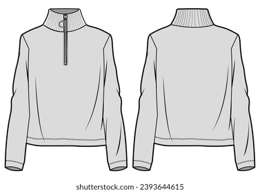 Vista frontal y posterior de la Chaqueta con cubierta alta de manga larga media zip hacia abajo. Moda Ilustración, Vector, CAD, Dibujo Técnico, Plano Plano, Plantilla, Trampa.