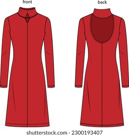 long sleeve high neck low back red sexy woman dress drawing