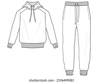 long sleeve hooded sweatshirt and sweat pants sleepwear set flat sketch vector illustration unisex sleep set cad mockup. isolated on white background.