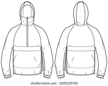 Esbozo plano de la chaqueta de concha Hoodie Cagoule de manga larga Ilustración, chaqueta encapuchada con vista frontal y posterior, chaqueta carnosa de invierno para hombres y mujeres. para excursionismo, ultradesgaste y entrenamiento en invierno