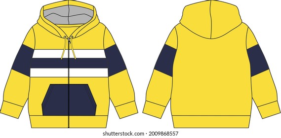 
Long sleeve hoodie with chest cut and sew navy, white and yellow With Zipper technical fashion Drawing sketch template front and back view. apparel dress design vector illustration mockup jacket CAD.