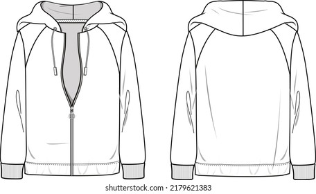 Long sleeve hoodie and chest cut   sew navy  white overall technical fashion Drawing sketch template front   back view  apparel dress design vector illustration mockup jacket sweatshirt CAD 