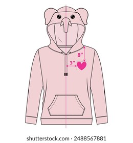 Long sleeve Hoodie with chest print design vector illustration template for baby girls. Clothing design mockup for kids  easy edit and customizable