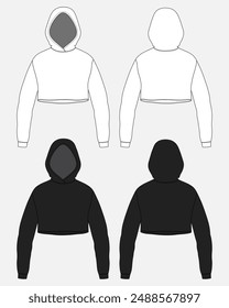 Long sleeve Hoodie design technical drawing fashion flat sketch vector illustration white and black color  template for women's and girls.