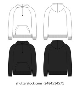 Long sleeve hoodie fashion flat sketch vector illustration white and black color template front and back views. Clothing design mock up card easy edit and customizable