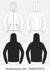 Long sleeve hoodie fashion flat sketch vector illustration white and black color template front and back views. Clothing design mock up card easy edit and customizable