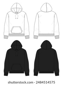 Long sleeve hoodie fashion flat sketch vector illustration white and black color template front and back views. Clothing design mock up card easy edit and customizable