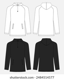 Long sleeve hoodie fashion flat sketch vector illustration white and black color template front and back views. Clothing design mock up card easy edit and customizable