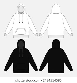 Long sleeve hoodie fashion flat sketch vector illustration white and black color template front and back views. Clothing design mock up card easy edit and customizable