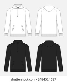 Long sleeve hoodie fashion flat sketch vector illustration white and black color template front and back views. Clothing design mock up card easy edit and customizable