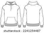 Long sleeve Hoodie jacket design flat sketch Illustration, Hooded sweater jacket with front and back view, winter hoody  jacket for Men and women. for hiker, outerwear and workout in winter