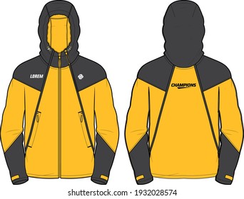 Long sleeve Hoodie jacket design template in vector, Hooded jacket with front and back view, hooded winter jacket for Men and women. for training, Running and workout in winter