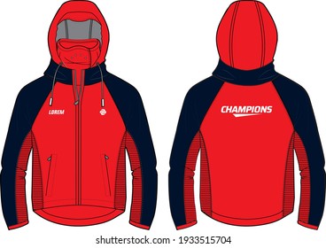 Plantilla de diseño de la chaqueta Hoodie de manga larga en vectores, chaqueta de bombardero encapuchada con vista frontal y posterior, chaqueta de invierno encapuchada para hombres y mujeres. para formación, ejecución y entrenamiento en invierno