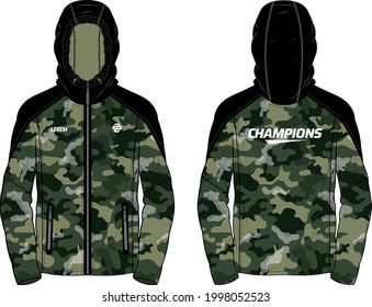 Long sleeve Hoodie jacket design with Camouflage print  in vector, Hooded bomber jacket with front and back view, hooded winter jacket for Men and women. for training, Running and workout in winter