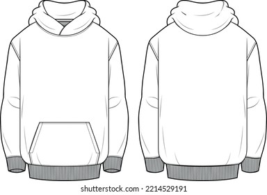 Long sleeve Hoodie jacket design flat sketch Illustration, Hooded sweater jacket with front and back view, winter jacket for Men and women. for hiker, outerwear and workout in winter