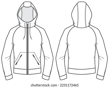 Long sleeve Hoodie jacket design flat sketch Illustration, Hooded sweater jacket with front and back view, winter hoody jacket for Men and women. for hiker, outerwear and workout in winter