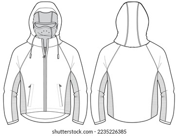 Long sleeve Hoodie jacket design flat sketch Illustration, Protection mid layer Hooded jacket with front and back view, winter hoody jacket for Men and women. for hiker, outerwear in winter