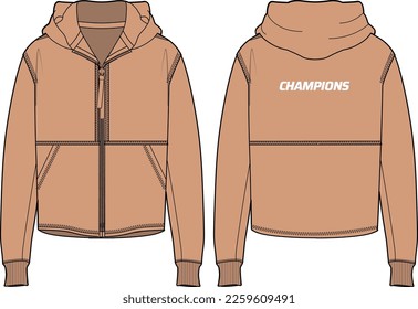 Diseño de la chaqueta de la manga larga Hoodie dibujo plano Ilustración, chaqueta de suéter encapuchado con vista frontal y posterior, chaqueta de invierno para hombres y mujeres. para excursionismo, ultradesgaste y entrenamiento en invierno