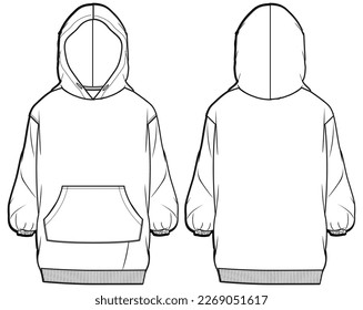 Long sleeve Hoodie jacket design flat sketch Illustration, Hooded sweater jacket with front and back view cad drawing template, winter jacket for women. for hiker, outerwear and workout in winter